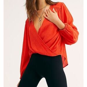 FREE PEOPLE NWT Check On It Wrap Top Red High-Low Hem Long Sleeve Women's XS